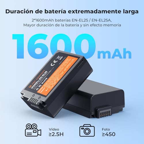 K&F CONCEPT EN-EL25 1350mAh 2 Pack Batería Compatible con Nikon Z50 II, Z30, Z50, Zfc de Repuesto para Cámara y Cargador de Doble Ranura para Monitor LCD - imagen 3