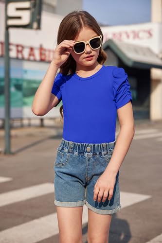Image of Arshiner Girls Puff Short Sleeve Shirts Summer Ribbed Knit Crewneck T Shirt Tops Tee Blouse