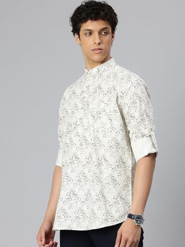 Image of Majestic Man Men's Pure Cotton Printed Mandarin Collar Regular Fit Roll-Up Sleeves Short Kurta