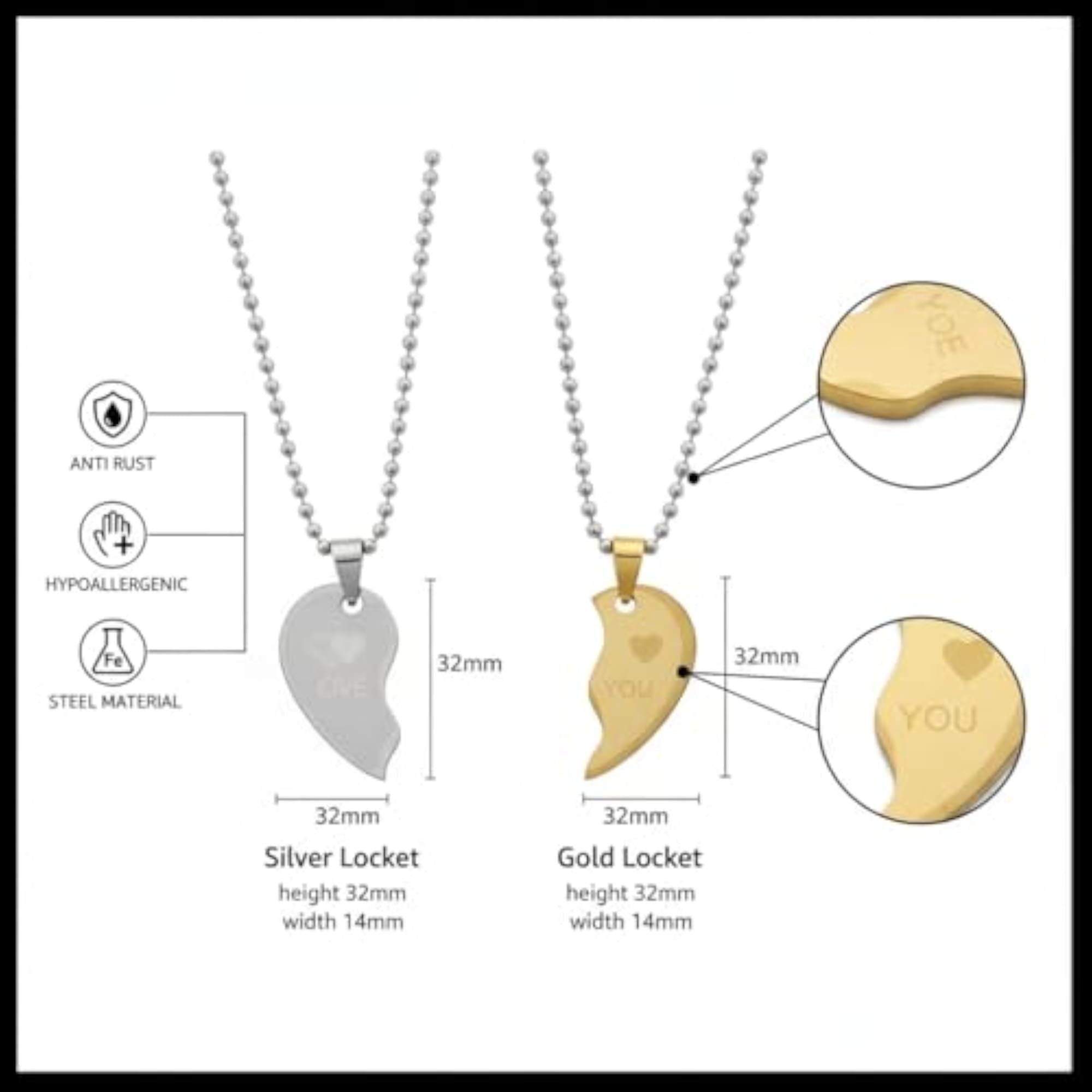 Couple Heart Pendant Necklace Set, Split Heart Engraved