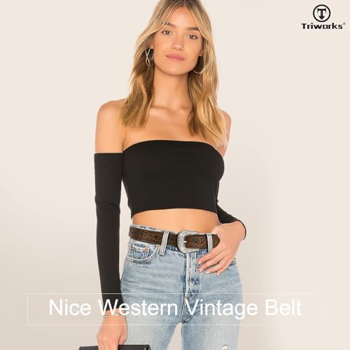 Western Belt for Women Men Cowgirl Cowboy Floral Engraved Tooled Leather Belt with Buckle for Jeans Pants Rodeo3