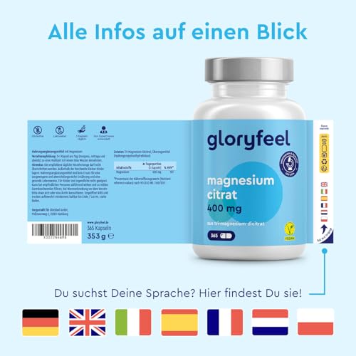 Magnesiumcitrat 365 Kapseln - Elementares Magnesium Hochdosiert - Gut verträgliches & hoch bioverfügbares Tri-Magnesium Dicitrat - Vegan, laborgeprüft & ohne Zusätze