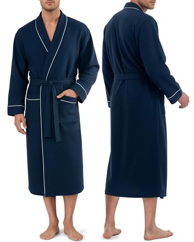 NY Threads Mens Waffle Robe Mid Length Lightweight Soft Knit Bathrobe Loungewear Sleepwear with Pockets, XL/2XL, Navy Blue
