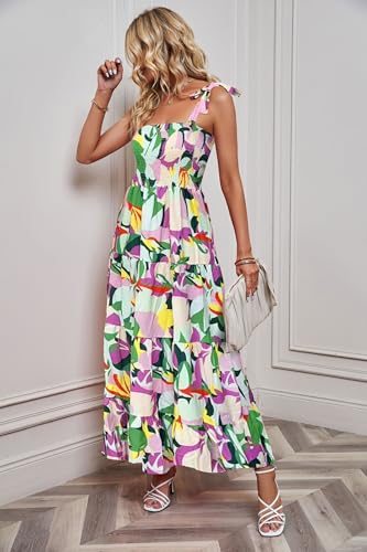 Image of kinstell Women's Summer Boho Spaghetti Strap Square Neck Ruffle Casual Flowy Long Dress Beach Swing Party Maxi Dress