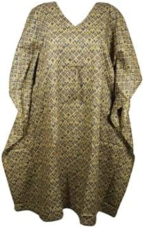 Mogul Interior Boho Short Kimono, Summer Kaftan Dress, Gray Beige Tunic Cotton Printed Caftan One Size