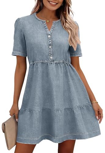 ANCAPELION Sommerkleid Damen Jeanskleid für Damen Button Down Strandkleid A-Linie Kleid Casual Minikleid Kurzarm Babydoll-Kleid Denim Blau L