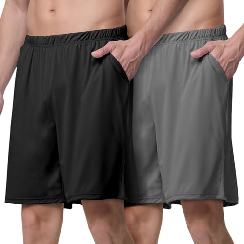 Aroveea Mens Sleep Shorts Pajama 2 Pack Soft PJ Bottoms Breathable Mesh Lounge Casual Shorts PJ for Men with Deep Pockets & Drawstring Black/Dark Grey
