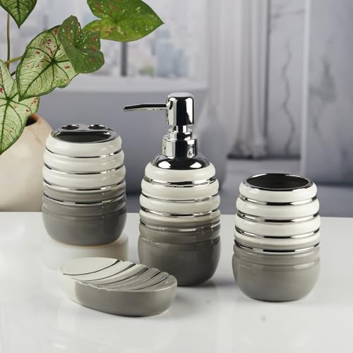 Image of SaSaSa Ceramic Bathroom Accessories Set of 4 Modern Bath Set with Soap Dispenser & Toothbrush Holder, Luxury Home & Gift Idea (11423)