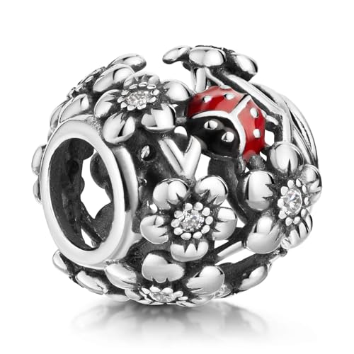Colgante de mariquita de plata 925 MATERIA con flores y escarabajos de circonitas para pulsera
