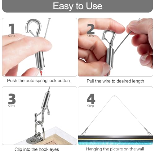 Image of Adjustable Picture Hanging Wire, Upgrade Mirror Frame Hanging Kit, 6.6FT Heavy Duty Stainless Steel Wire Rope, Supports Up to 100lbs (Silver, 4PC-6.6FT)