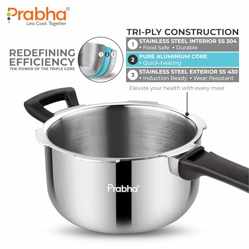 Image of Prabha Stainless Steel Pressure Cooker Outer Lid 1.5 Litre | Tri-Ply Whizz Cookers Manual | Kitchen Must-Have Cookware Pots & Pans | ISI Certified | Fast & Safe Healthy Cooking | Gas & Induction