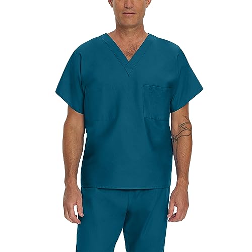 Landau Essentials Unisex Relaxed Fit 1-Pocket V-Neck Scrub Top 7502 Caribbean Blue