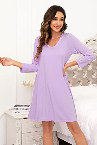 Wiwi Bamboo Nightgowns For Women Soft Long Sleeve Nightgown Ladies Nightshirts Plus Size Sleep Shirts Sleepwear S-4X, Light Purple, Medium #TOP2