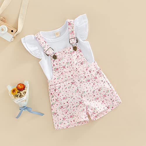 Brilliantme Toddler Baby Girl Summer Overall Outfit Ruffle Sleeve Tops T-Shirt Floral Suspender Shorts Clothes Set (Floral Pink , 18-24 Months ) #TOP7