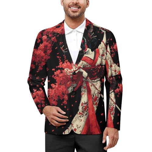 Japanese Geisha Cherry Flowers Men's Blazer Printed Button Suit Jacket Slim Sport Coat Blazers
