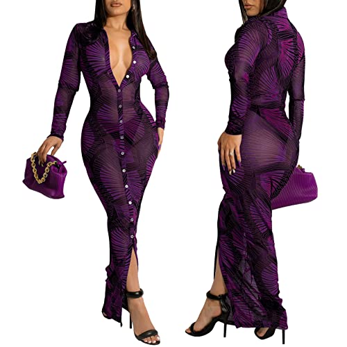 Image of Women's Sheer Mesh Long Sleeve Bodycon Midi Dress Club Night Out Dresses Beach Cover Up Dress