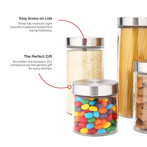 EatNeat 4-Piece Beautiful Glass Kitchen Canister Set with Stainless Steel Lids, Round Dry Food Storage Containers