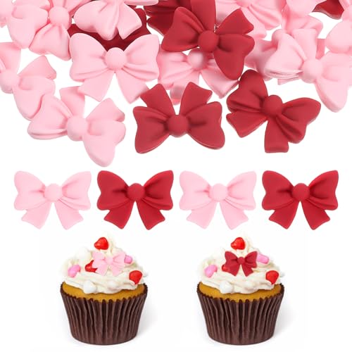 Prasacco 30 topper per cupcake con fiocco, 2,1 x 1,5 cm, decorazione per torte con fiocco in resina per matrimoni, feste di compleanno, feste a tema (20 rosa + 10 rosso)