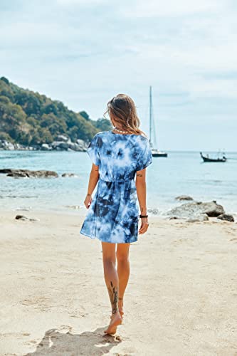Ekouaer Saída de praia feminina de manga curta com decote em V, Tie Dye azul, GG