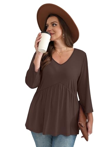 Image of OFEEFAN 3 /4 Length Sleeve Womens Tops 2026 Blouses for Women Dressy Casual Fashion Clothing V Neck Babydoll Tops Fall Outfits