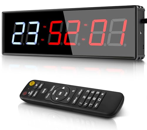 PELLOR Temporizador de Gimnasio,1.5' Temporizador de Intervalo LED,Reloj de Pared Digital Grande con Countdown/Up,Cronómetro,Brillo Ajustable,Reloj de Entrenamiento con Control Remoto para Casa Garaje