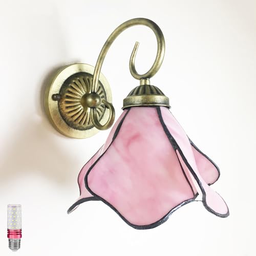 Image of Tiffany Style Wall Sconce, Flower Shaped Wall Light, Stained Glass Wall Lamp for Entrance, Bedroom, Hallway in Pink