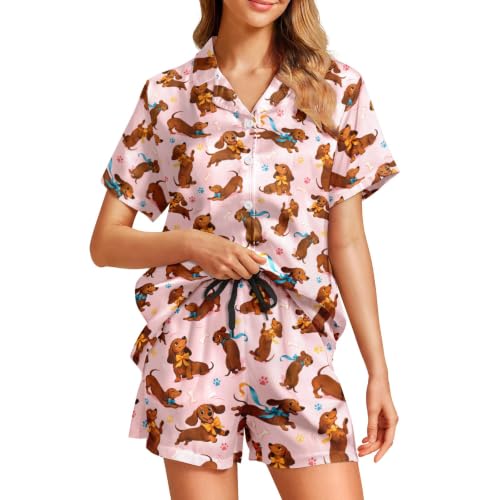 Image of Funny Satin Pajamas Set for Women Button Down Sleepwear Print Pjs Set 2 Piece Short Sleeve Loungewear Gift for Women