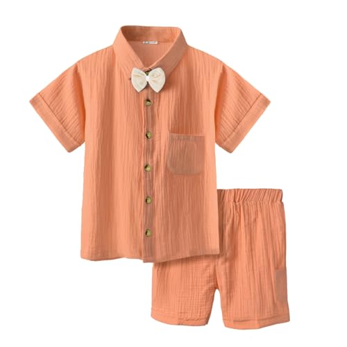 Image of Bold N Elegant Kids Linen Solid Shirt & Shorts Co-Ord Set|Stylish Party Short-Sleeve Shirt With Bow & Comfy Shorts|Cool & Comfortable Summer Wear