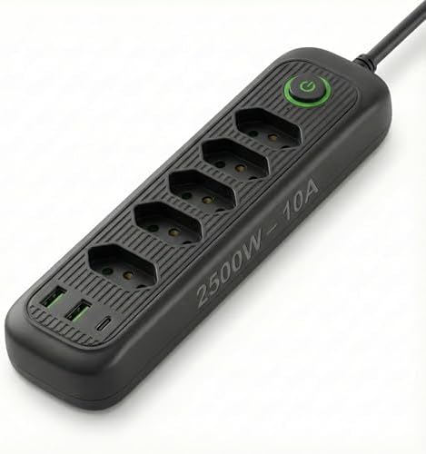 Régua de energia com 5 tomadas + USB + Tipo-C • C...