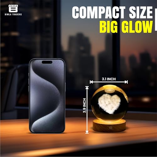 Image of 3D Love Heart Crystal Ball Night Lamp for Couple, Light Lamp with Wooden Base for Lovers, Mothers Day, Birthday (Love Heart)