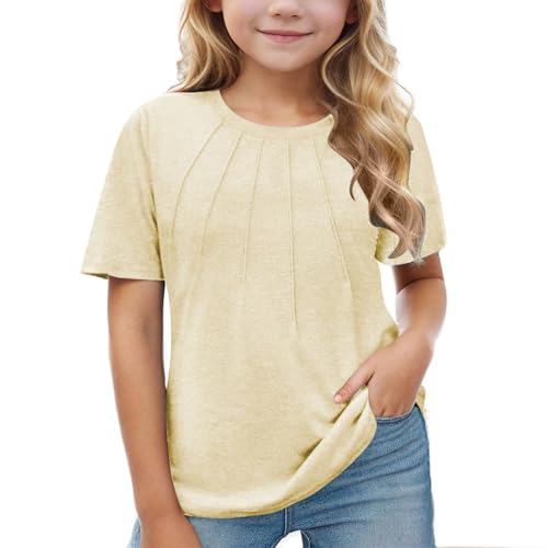 Girls Pleated T Shirt Crew Neck Short Sleeve Tunic Tee Kids Solid Color Slim Fit Breathable Casual Tops Blouses