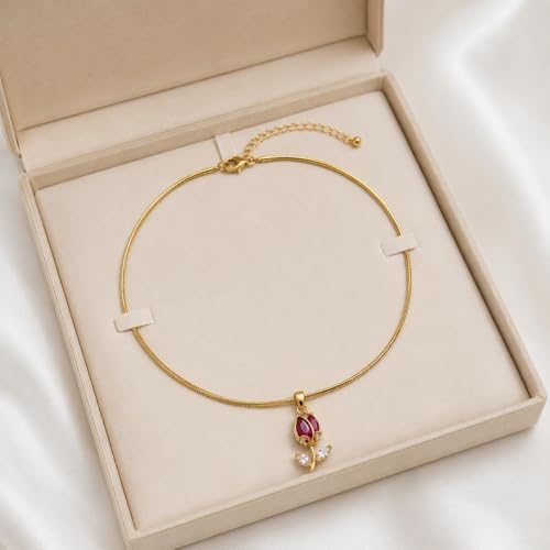 Image of Gold Plated Red Tulip Pendant Necklace for Women | Floral Rose Design with Red Crystal Stone | Adjustable Snake Chain Lightweight Elegant Jewelry for Daily Wear Party Wedding & Gift