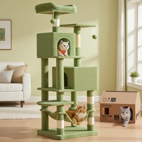 Feandrea Cat Tree 59.5-Inch Tall Cat Tower Plush Multi-Level Condo with 5 Scratching Posts 2 Perches 2 Caves Hammock 2 Pompoms Grass Green UPCT192C02