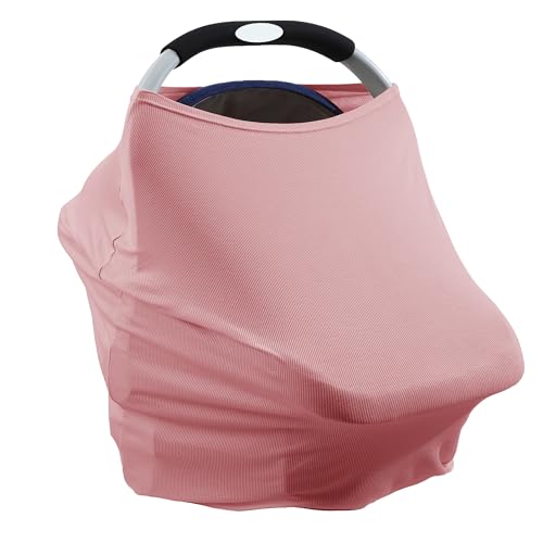 Image of Breathable Car Seat Cover for Babies – Multi-Purpose Soft Rayon Nursing Cover for Breastfeeding, High Stretchy Infant Carseat Canopy, Stroller Cover (Striped Textured Rayon, Striped Pinkish Purple)
