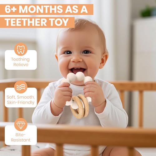 Image of Socub Baby Teething Toys for 0-6 6-12 Months- BPA-Free Food-Grade Silicone & Natural Beech Wood Teether Ring for Newborn Infants Teething Relief- Easy-Grip Sensory Rattle Toys(Shifting Sand)