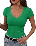 GEMBERA Womens' Stretchy V Neck Short Sleeve Form Fitted Casual Basic Top T-Shirts Kelly Green M