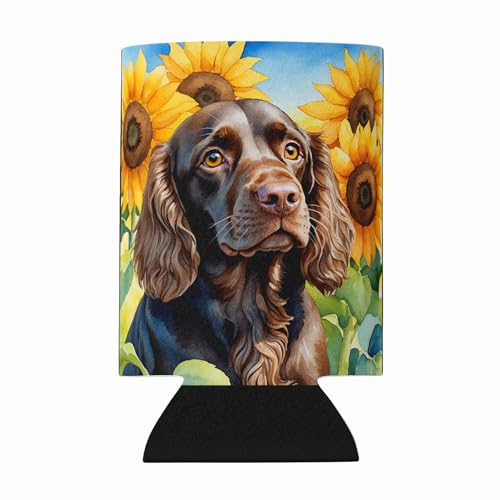 Caroline's Treasures Boykin Spaniel in Sunflowers Can or Bottle Hugger Cooler Washable Drink Sleeve Collapsible Beverage Insulated Holder, Can Hugger, Multicolor