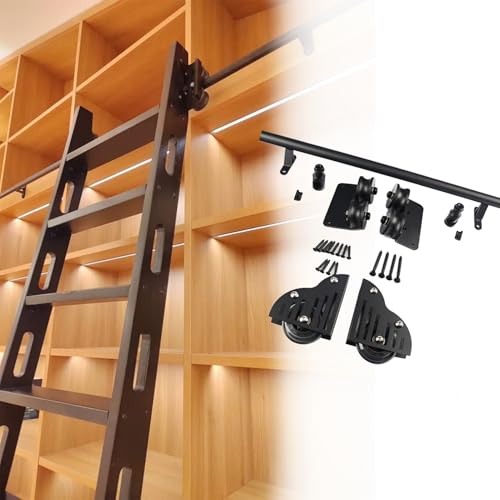 Kit de herrajes para escalera de biblioteca deslizante negra,kit de riel de escalera móvil para estantería interior con poleas rodantes de piso (sin escalera), kit de riel de escalera para guardarropa