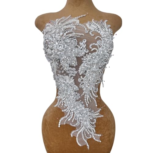 Hand Beaded Big Front Body Wedding Dress Gown Patch Patches Sew on Lace Appliques with Rhinestones Crystals Accessories DIY for Sewing Costumes Proms (White) by YMALANIYAKAIYA - Used condition - Image 2