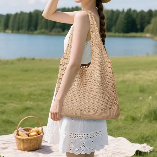 Aowvuts Borsa Da Spiaggia Borsa Mare All'uncinetto Donna Borsa A Tracolla A Maglia Estiva Boho Tote Bag In Rete Handbag Pieghevole Per Vacanze, Viaggio, Shopping E Uso Quotidiano (Kaki) - 3