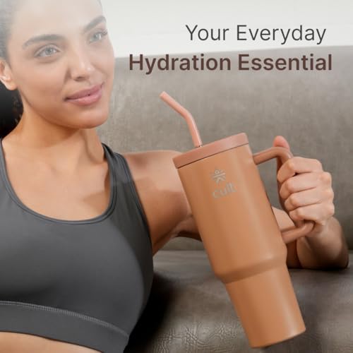 Image of Cult 1200ml Stainless Steel Insulated Tumbler with Handle, Straw & Cleaner Double Wall Vacuum Bottle for Hot & Cold Drinks Leakproof Travel Mug Reusable for Gym, Office & Travel Brown