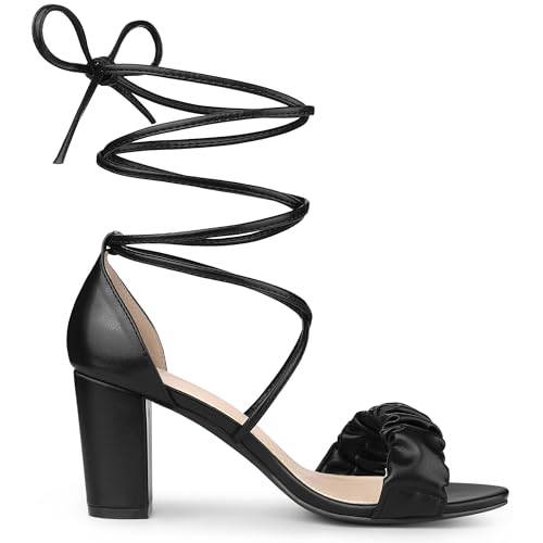 Allegra K Allegra K Women's Lace Up Ruched Strap Chunky Heels Black Strappy Sandals 9 M US