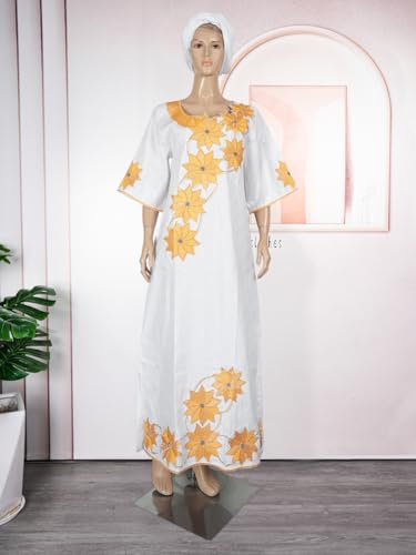 Image of HD African Bazin Riche Maxi Dress for Woman Traditional Embroidery Dashiki Dresses with Head Wraps