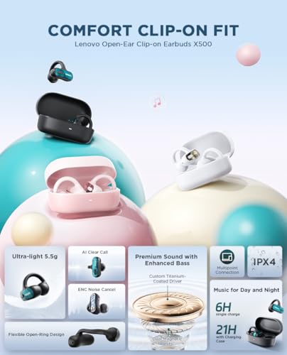 Image of Lenovo Open Ear Clip On Earbuds X500 Bluetooth 6.0 Wireless Earbuds with 11 mm Drivers, Open Ear Ergonomic Design, Dual Device Connectivity, Built in Mic, Fast Charge, White