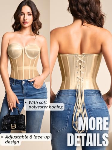 Image of Kaei&Shi Sheer Mesh Overbust Corset,Sexy Strapless Lace Up Satin Bra Corsets Top For Women Shapewear