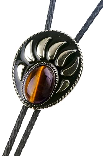 Moranse Bolo Tie With Bear Catch And Gem Stone Celtic Parterre Style Genuine And Cowhide Rope(Tiger Eye) #TOP2