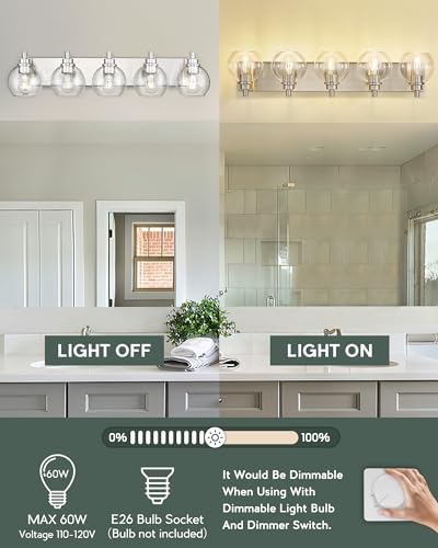 Image of Bathroom Light Fixtures, 5 Light Brushed Nickel Vanity Light, 32 Inch Modern Wall Sconces with Globe Clear Glass Shade, Vanity Lighting Fixtures Over Mirror, VL195-BN-CL-5