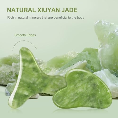 Image of Jade Stone Gua Sha Massage Tool Set Larger Guasha Board with Handle Muscle Scraping Massage Tools Facial Anti Cellulite Spa Acupuncture Tools for Back Neck Face Leg Massage, Lymphatic Drainage