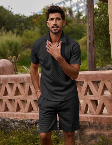 Image of URRU Mens Textured Polo Shirt and Shorts Sets Outfits 2 Piece Summer Tracksuits Casual Quarter Zip Golf Polo Shirts