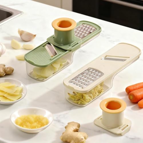 Image of 3 in 1 Garlic Slicer with Container and Hand Guard, Manual Garlic Cutter and Vegetable Grater Tool with Removable Blades